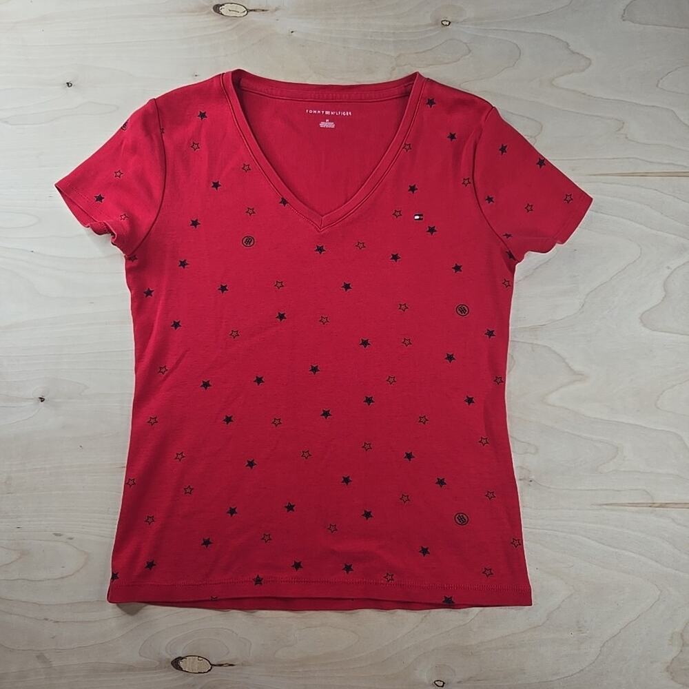 Tommy Hilfiger Red Star-Patterned V Neck Short Sleeve Top Size M